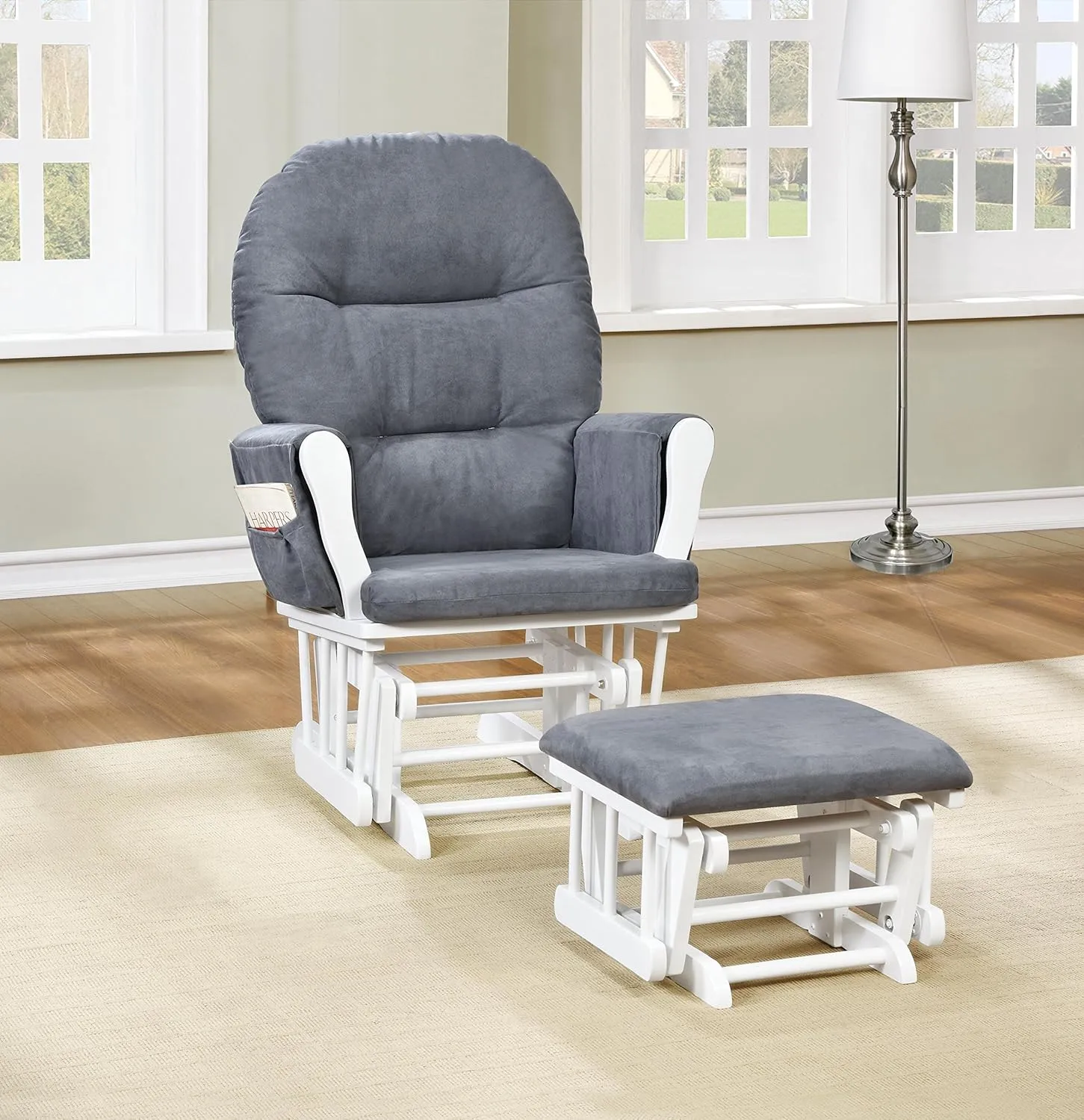 Nursery Glider & Ottoman Sets, Reclining Swivel Glider Rocker with Ottoman, Nursery Rocking Breastfeeding Maternity Chair for Baby Room, Recliner Glider with Ottoman, Padded Arms - White, Dark Gray