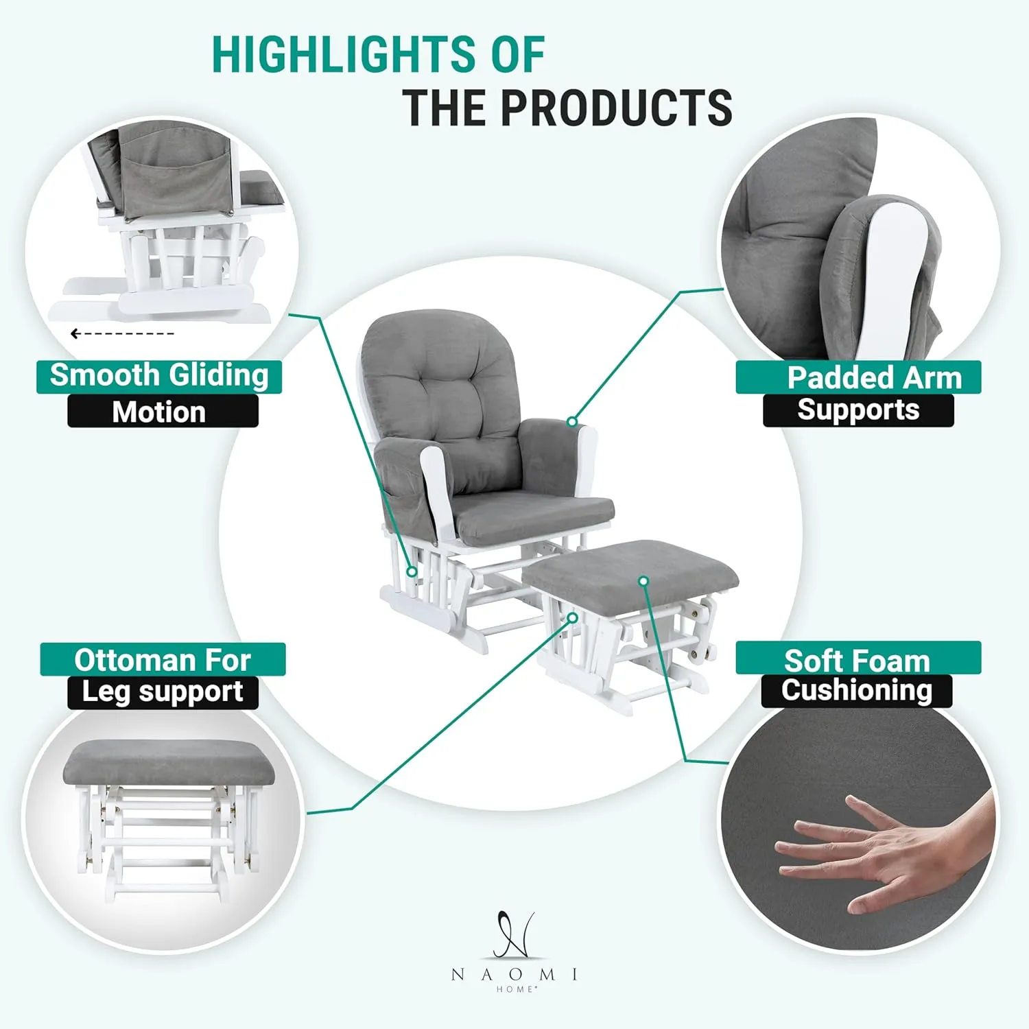 Nursery Glider & Ottoman Sets, Reclining Swivel Glider Rocker with Ottoman, Nursery Rocking Breastfeeding Maternity Chair for Baby Room, Recliner Glider with Ottoman, Padded Arms - White, Dark Gray