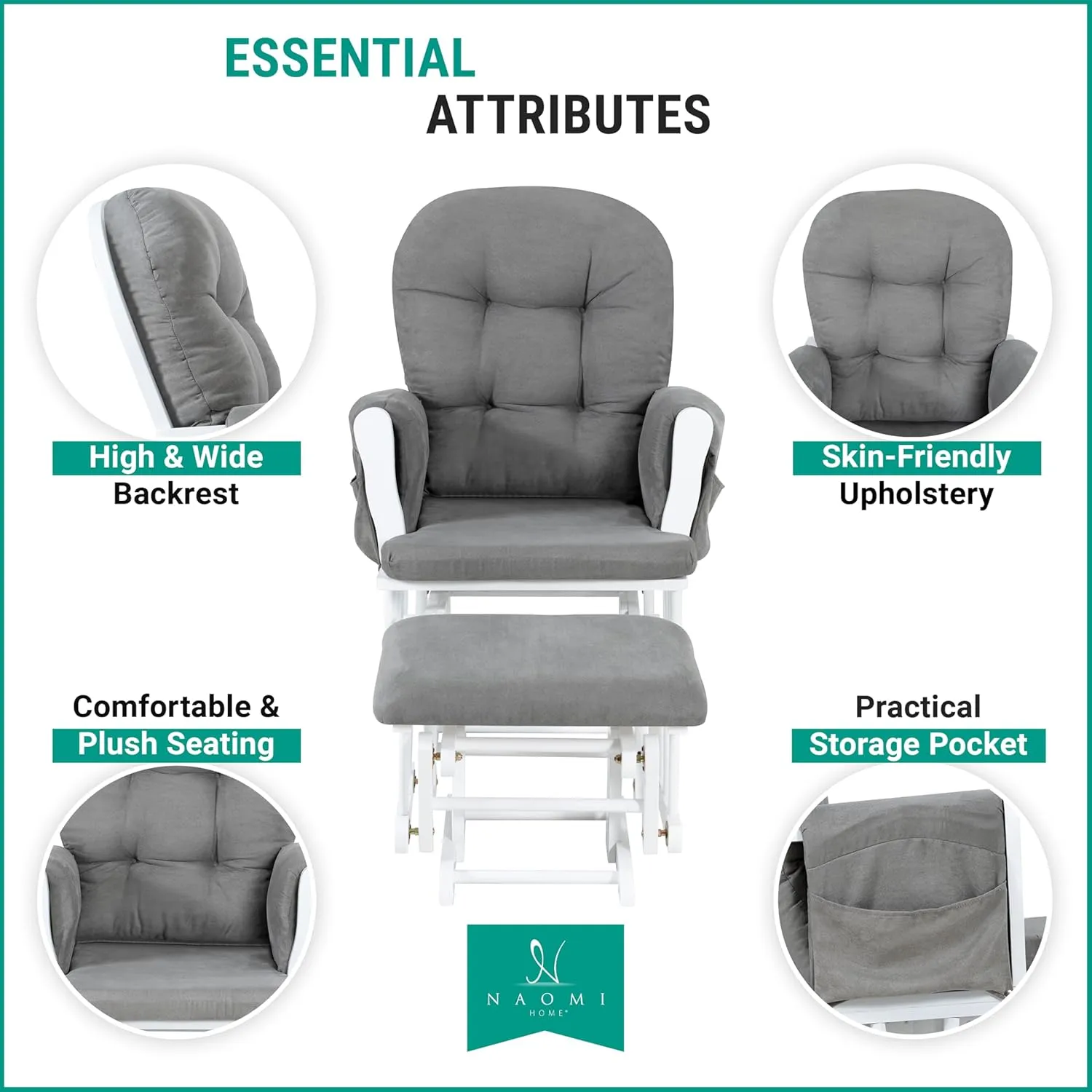 Nursery Glider & Ottoman Sets, Reclining Swivel Glider Rocker with Ottoman, Nursery Rocking Breastfeeding Maternity Chair for Baby Room, Recliner Glider with Ottoman, Padded Arms - White, Dark Gray