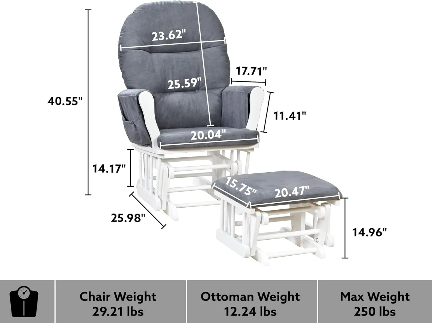 Nursery Glider & Ottoman Sets, Reclining Swivel Glider Rocker with Ottoman, Nursery Rocking Breastfeeding Maternity Chair for Baby Room, Recliner Glider with Ottoman, Padded Arms - White, Dark Gray