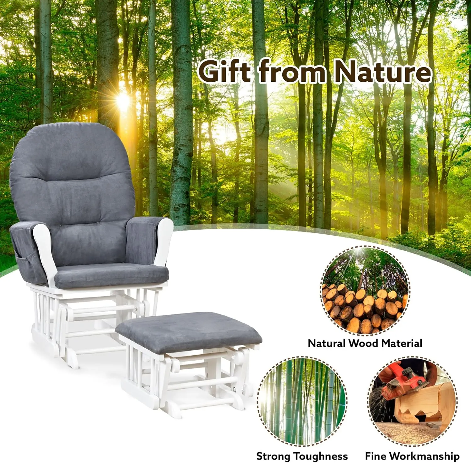 Nursery Glider & Ottoman Sets, Reclining Swivel Glider Rocker with Ottoman, Nursery Rocking Breastfeeding Maternity Chair for Baby Room, Recliner Glider with Ottoman, Padded Arms - White, Dark Gray