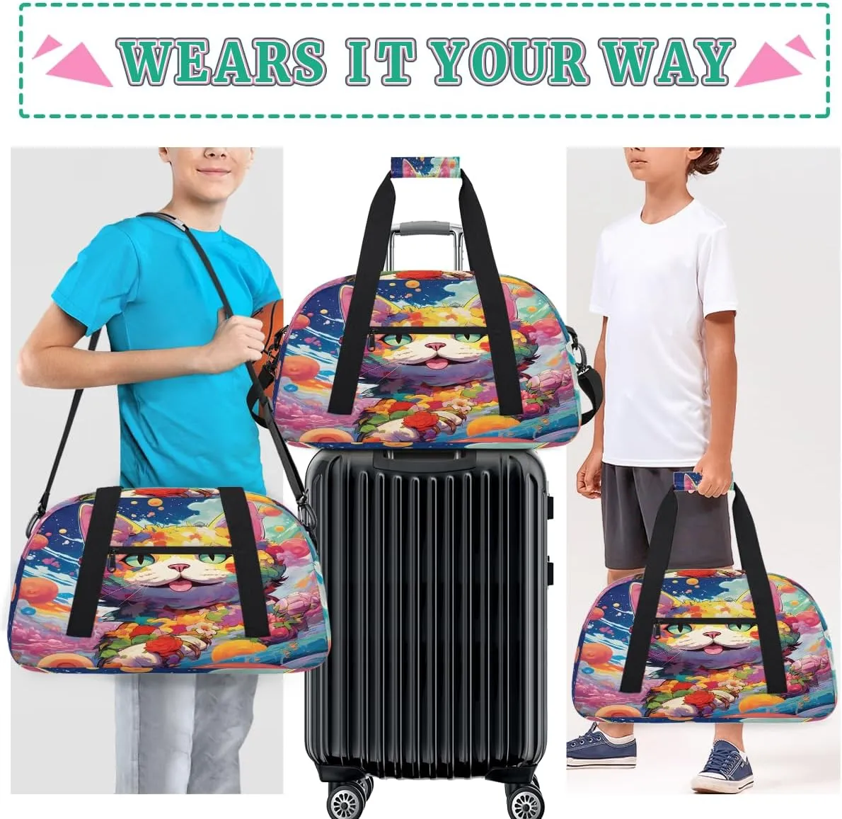 Ocean Cat Kids Overnighter Duffel Bags for Boys, Carry-On Size Sports Gym Bag with Front Zipper Pocket for School Practice or Overnight Travel Weekender Sleepover Tote Bag