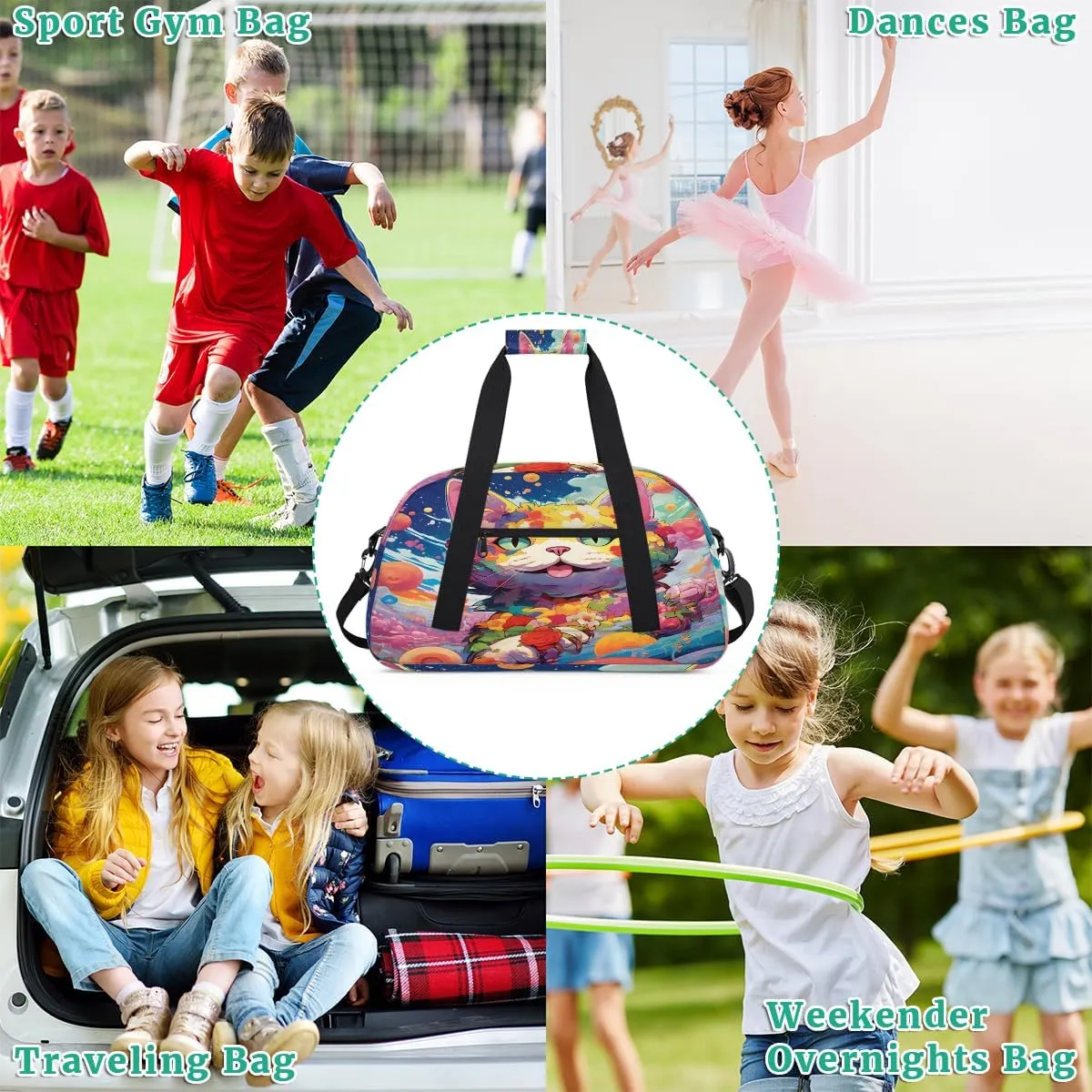 Ocean Cat Kids Overnighter Duffel Bags for Boys, Carry-On Size Sports Gym Bag with Front Zipper Pocket for School Practice or Overnight Travel Weekender Sleepover Tote Bag