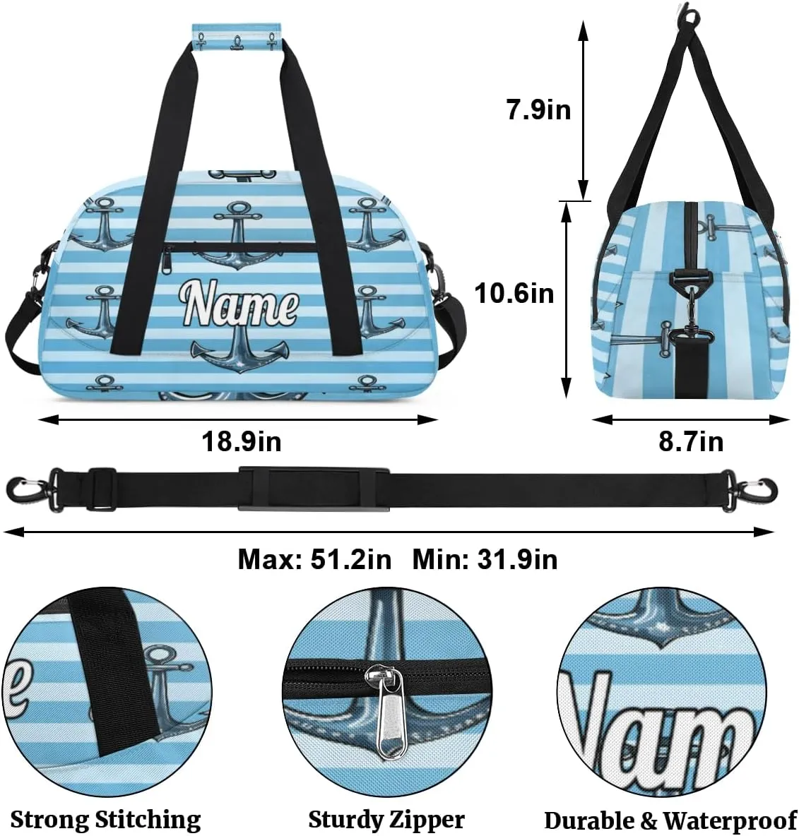 Ocean Sea Nautical Anchor Personalized Kids Gym Bag Custom Dance Bag with Name Sport Duffel Bag for Girls Boys Weekender Overnight Travel Bag