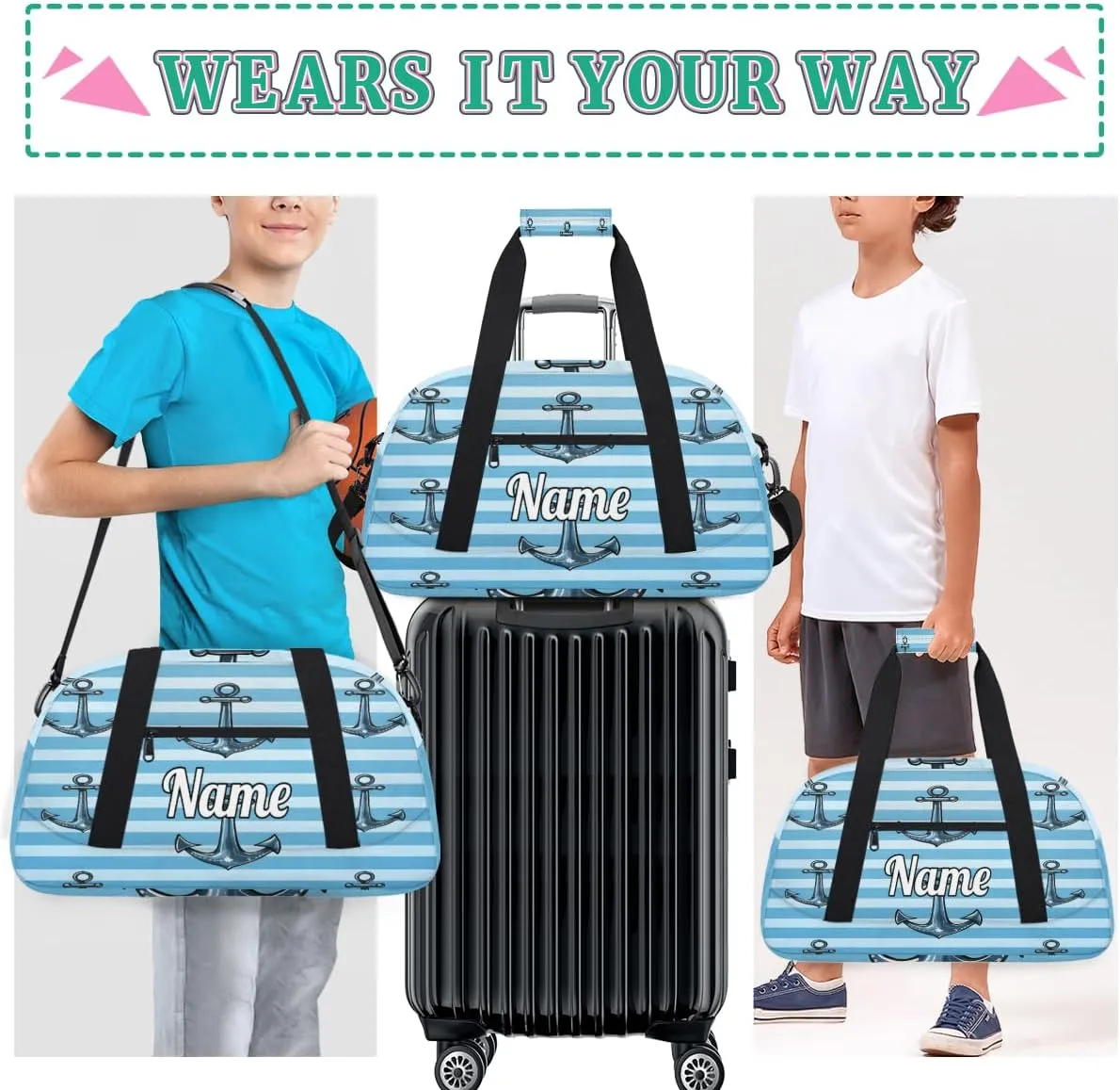 Ocean Sea Nautical Anchor Personalized Kids Gym Bag Custom Dance Bag with Name Sport Duffel Bag for Girls Boys Weekender Overnight Travel Bag