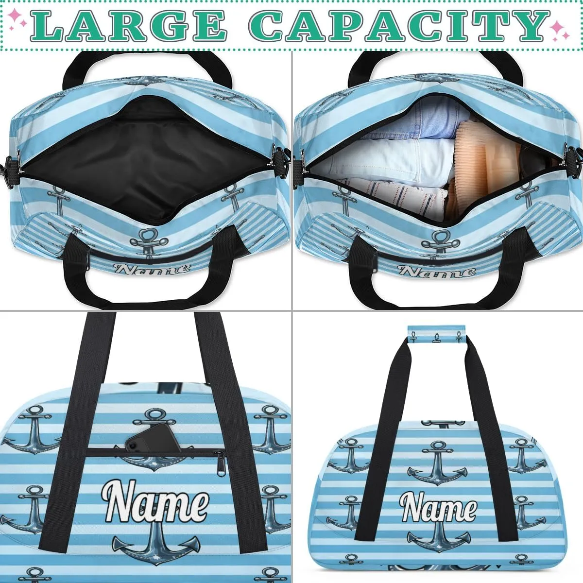 Ocean Sea Nautical Anchor Personalized Kids Gym Bag Custom Dance Bag with Name Sport Duffel Bag for Girls Boys Weekender Overnight Travel Bag