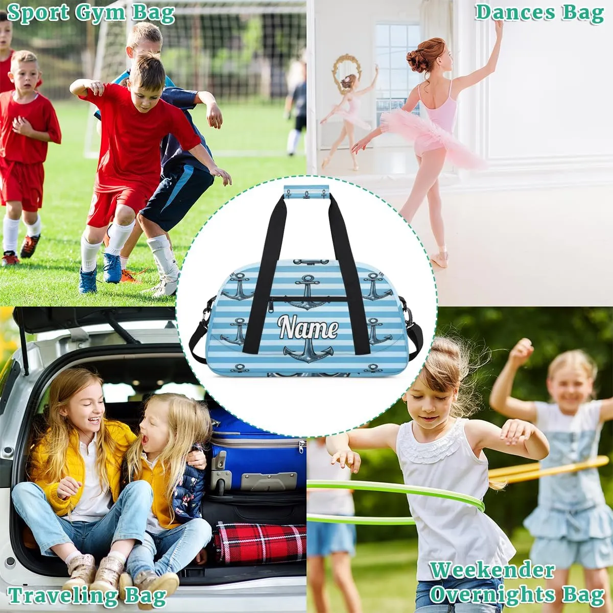 Ocean Sea Nautical Anchor Personalized Kids Gym Bag Custom Dance Bag with Name Sport Duffel Bag for Girls Boys Weekender Overnight Travel Bag