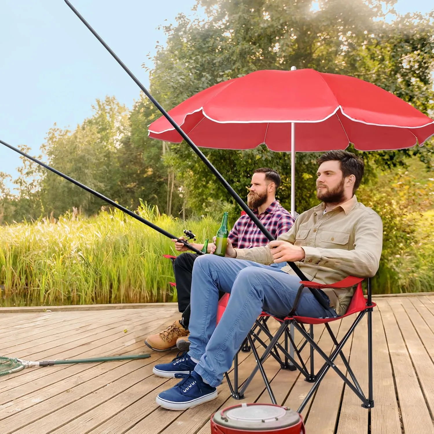 Ochine Double Camping Chair with Umbrella, Folding Loveseat Chairs with Canopy Shade, Table Beverage Holder and Storage Bag, Double Rocker Chair Outdoor for Camping, Beach, Picnic