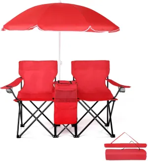 Ochine Double Camping Chair with Umbrella, Folding Loveseat Chairs with Canopy Shade, Table Beverage Holder and Storage Bag, Double Rocker Chair Outdoor for Camping, Beach, Picnic