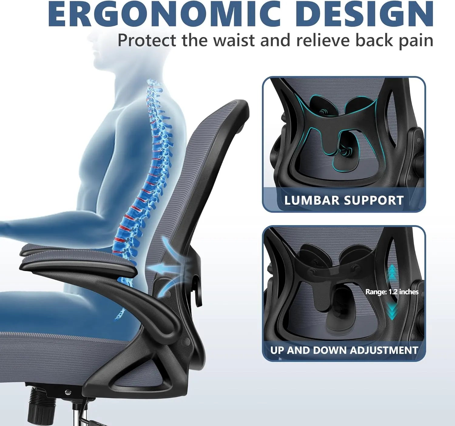 Office Chair Desk Chair, Ergonomic Mesh Computer Chair Home Office Desk Chairs, Swivel Task Chair Mid Back Breathable Rolling Chair with Adjustable Lumbar Support Flip Up Armrest (Dark Gray)