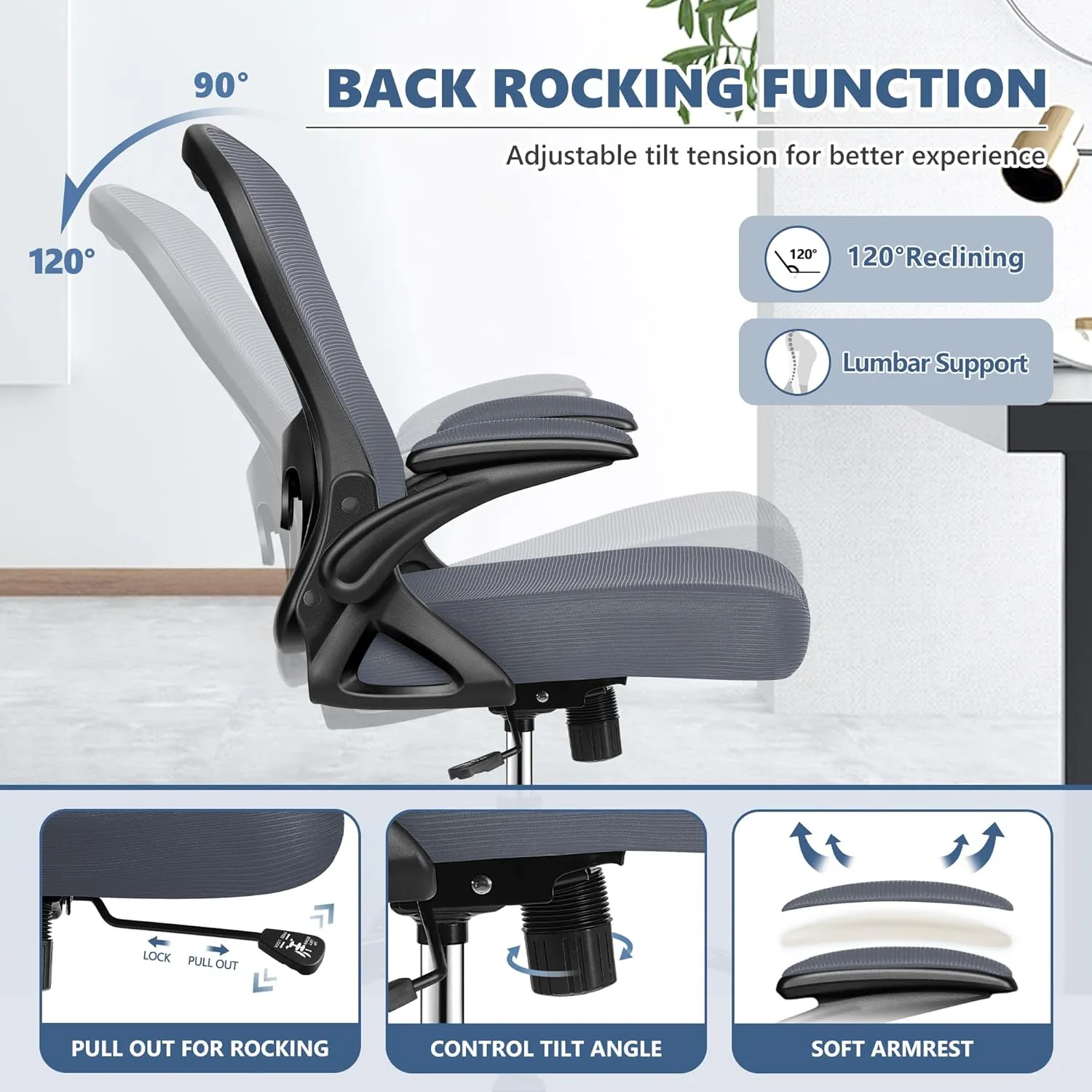 Office Chair Desk Chair, Ergonomic Mesh Computer Chair Home Office Desk Chairs, Swivel Task Chair Mid Back Breathable Rolling Chair with Adjustable Lumbar Support Flip Up Armrest (Dark Gray)