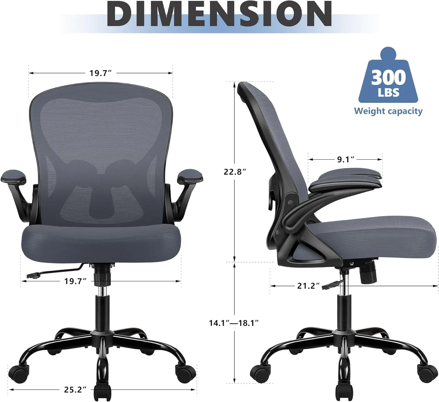 Office Chair Desk Chair, Ergonomic Mesh Computer Chair Home Office Desk Chairs, Swivel Task Chair Mid Back Breathable Rolling Chair with Adjustable Lumbar Support Flip Up Armrest (Dark Gray)