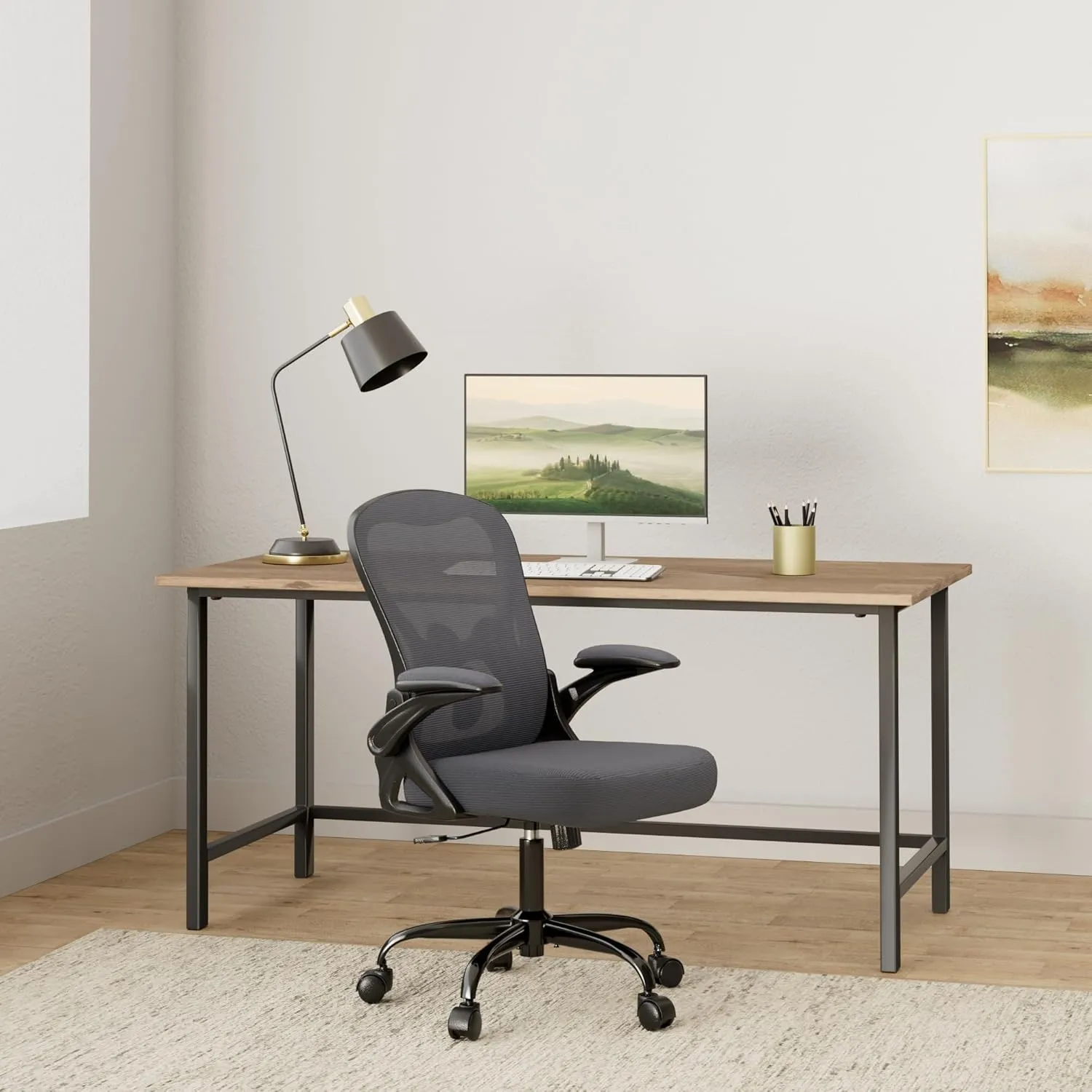 Office Chair Desk Chair, Ergonomic Mesh Computer Chair Home Office Desk Chairs, Swivel Task Chair Mid Back Breathable Rolling Chair with Adjustable Lumbar Support Flip Up Armrest (Dark Gray)