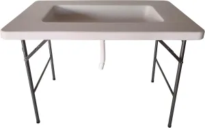 Old Cedar Outfitters Fill and Chill Ice Cooler Folding Table with Large Sink and Drain for Cleaning Fish and Game and Keeping Fish and Food Cold for Parties, Camping and Cleaning with Serving Shelf