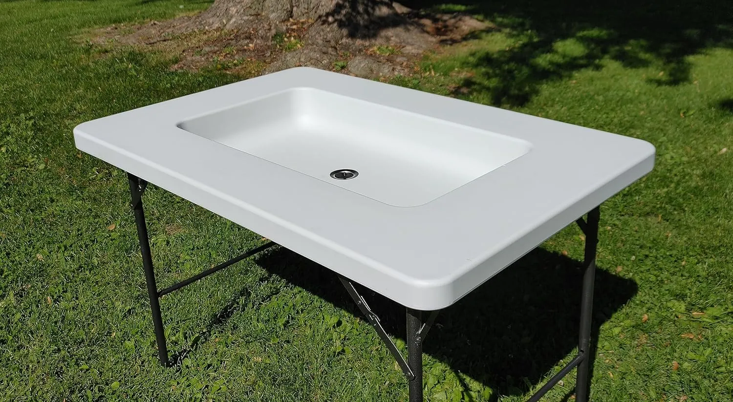 Old Cedar Outfitters Fill and Chill Ice Cooler Folding Table with Large Sink and Drain for Cleaning Fish and Game and Keeping Fish and Food Cold for Parties, Camping and Cleaning with Serving Shelf