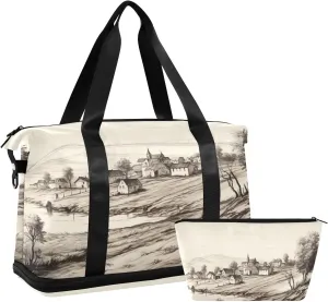 Old Village Pattern Sports Gym Bag with Waterproof Dry Wet Pocket, Travel Duffel Bag for Women Men，Workout Bag Fits Yoga, Swimming