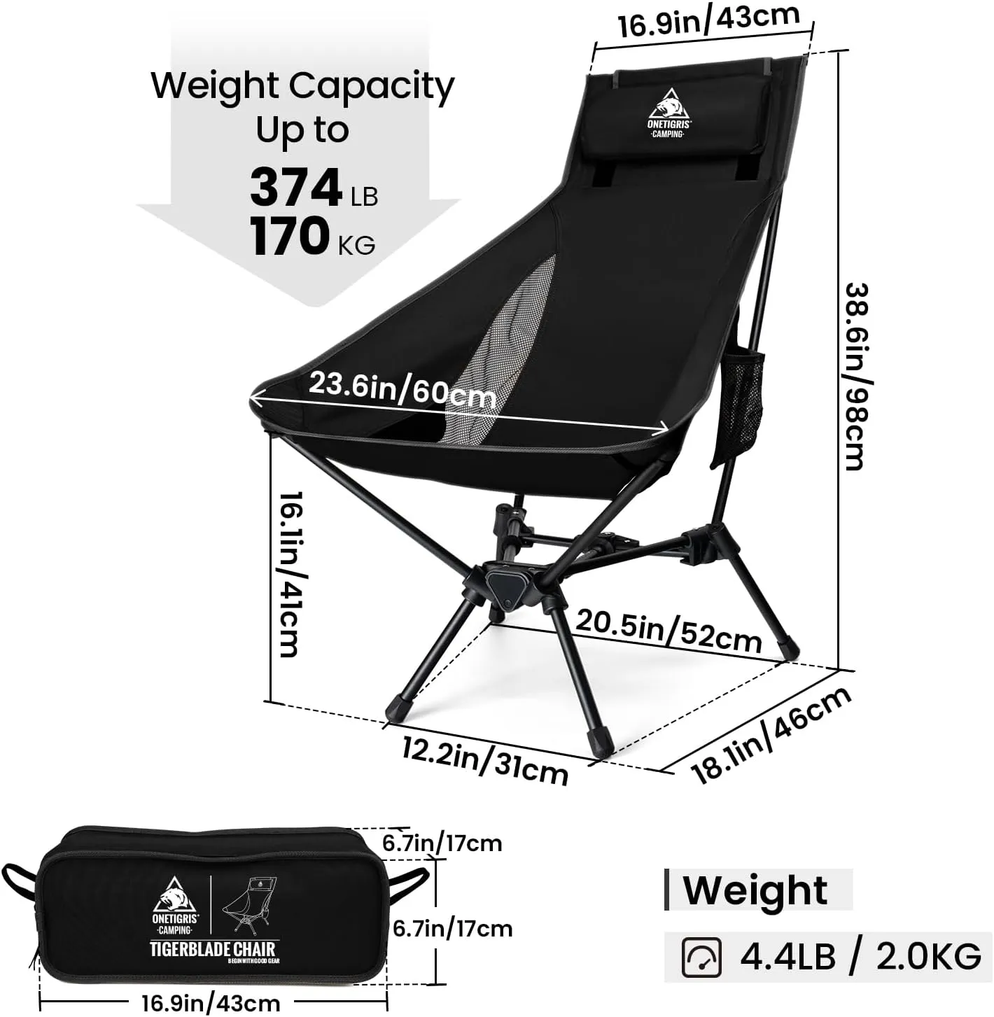 OneTigris Tigerblade High Back Camping Chair with Pillow Design, Comfortable Widened Seat Folding Chair