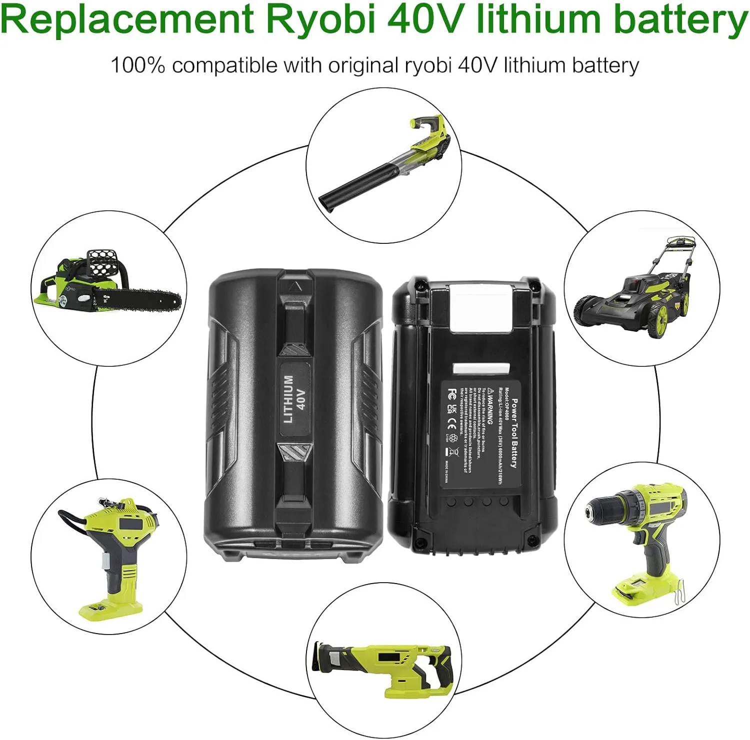 OP4060 40V 6000mAh Lithium Battery Replacement for All Ryobi 40-Volt Power Tools OP4015 OP4026 OP40201 OP40261 OP4030 OP4040 OP40401 OP4050 OP40501 OP4050A OP40601 OP4060A RY40200 RY40403 （2 Pack）