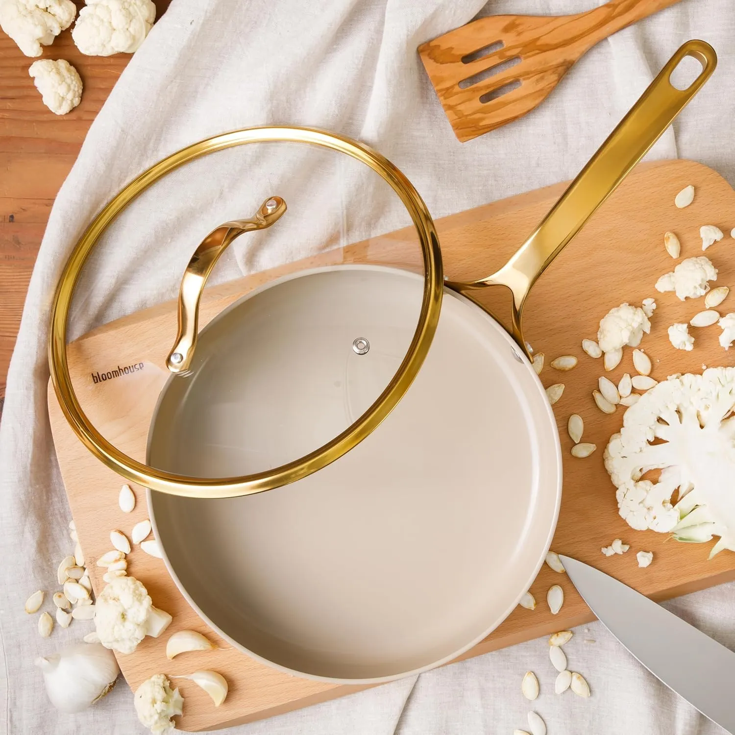 Oprah's Favorite Things - 10 Inch Heavy Duty Aluminum Premium PFA Free Ceramic Nonstick Saute/Deep Frying Pan Skillet with Lid - Almond Cream w/Gold Handle