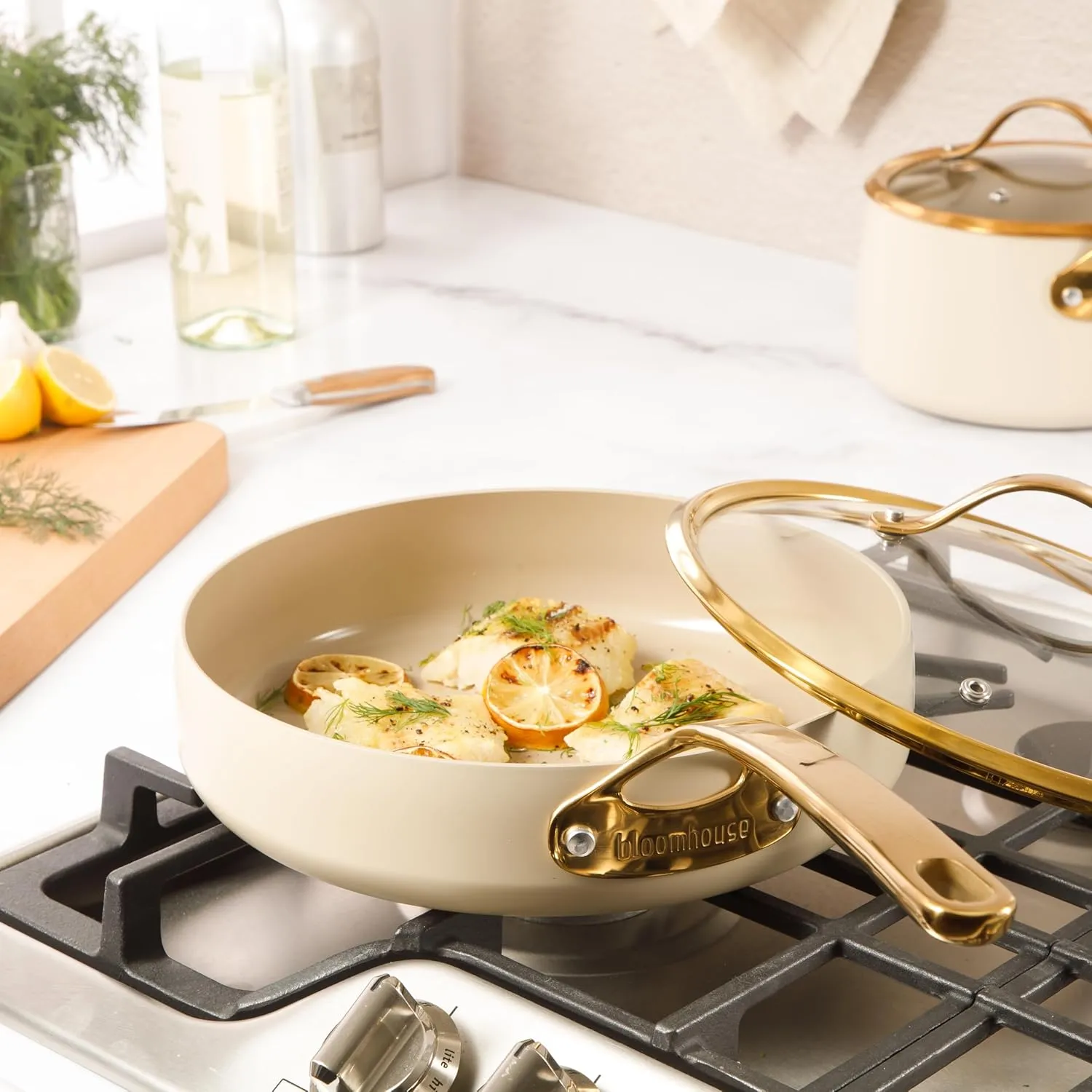 Oprah's Favorite Things - 10 Inch Heavy Duty Aluminum Premium PFA Free Ceramic Nonstick Saute/Deep Frying Pan Skillet with Lid - Almond Cream w/Gold Handle