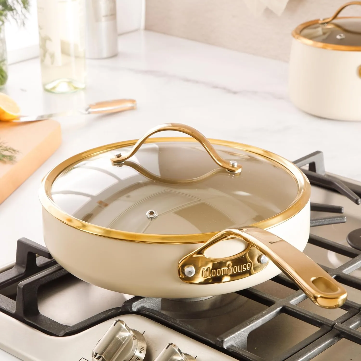 Oprah's Favorite Things - 10 Inch Heavy Duty Aluminum Premium PFA Free Ceramic Nonstick Saute/Deep Frying Pan Skillet with Lid - Almond Cream w/Gold Handle