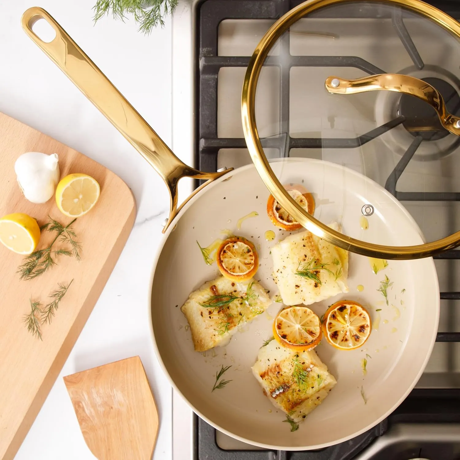 Oprah's Favorite Things - 10 Inch Heavy Duty Aluminum Premium PFA Free Ceramic Nonstick Saute/Deep Frying Pan Skillet with Lid - Almond Cream w/Gold Handle