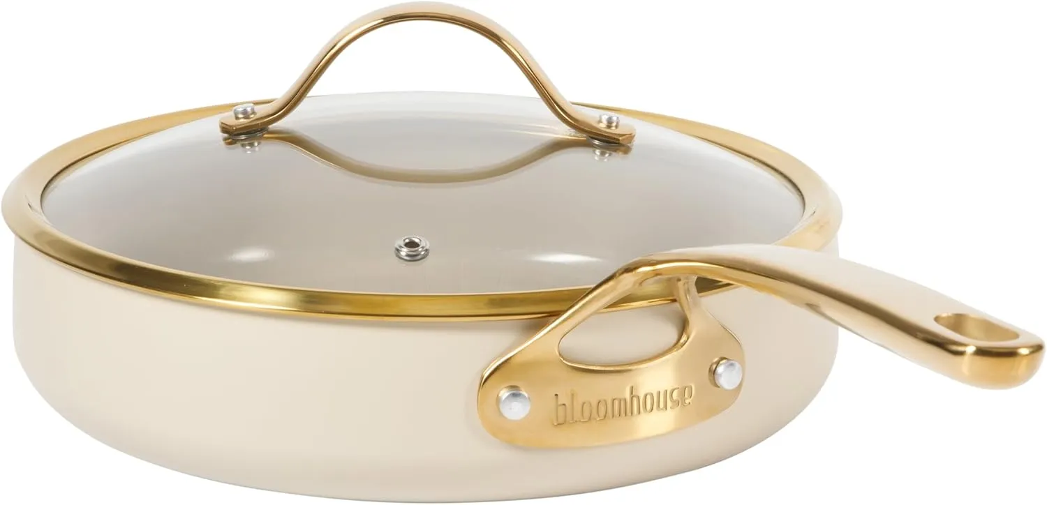 Oprah's Favorite Things - 10 Inch Heavy Duty Aluminum Premium PFA Free Ceramic Nonstick Saute/Deep Frying Pan Skillet with Lid - Almond Cream w/Gold Handle