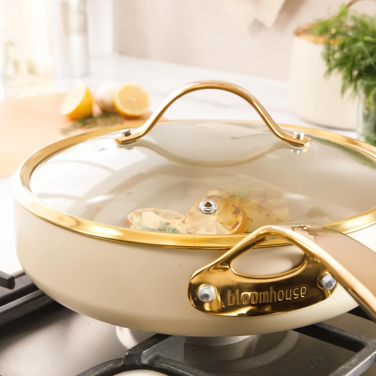 Oprah's Favorite Things - 10 Inch Heavy Duty Aluminum Premium PFA Free Ceramic Nonstick Saute/Deep Frying Pan Skillet with Lid - Almond Cream w/Gold Handle