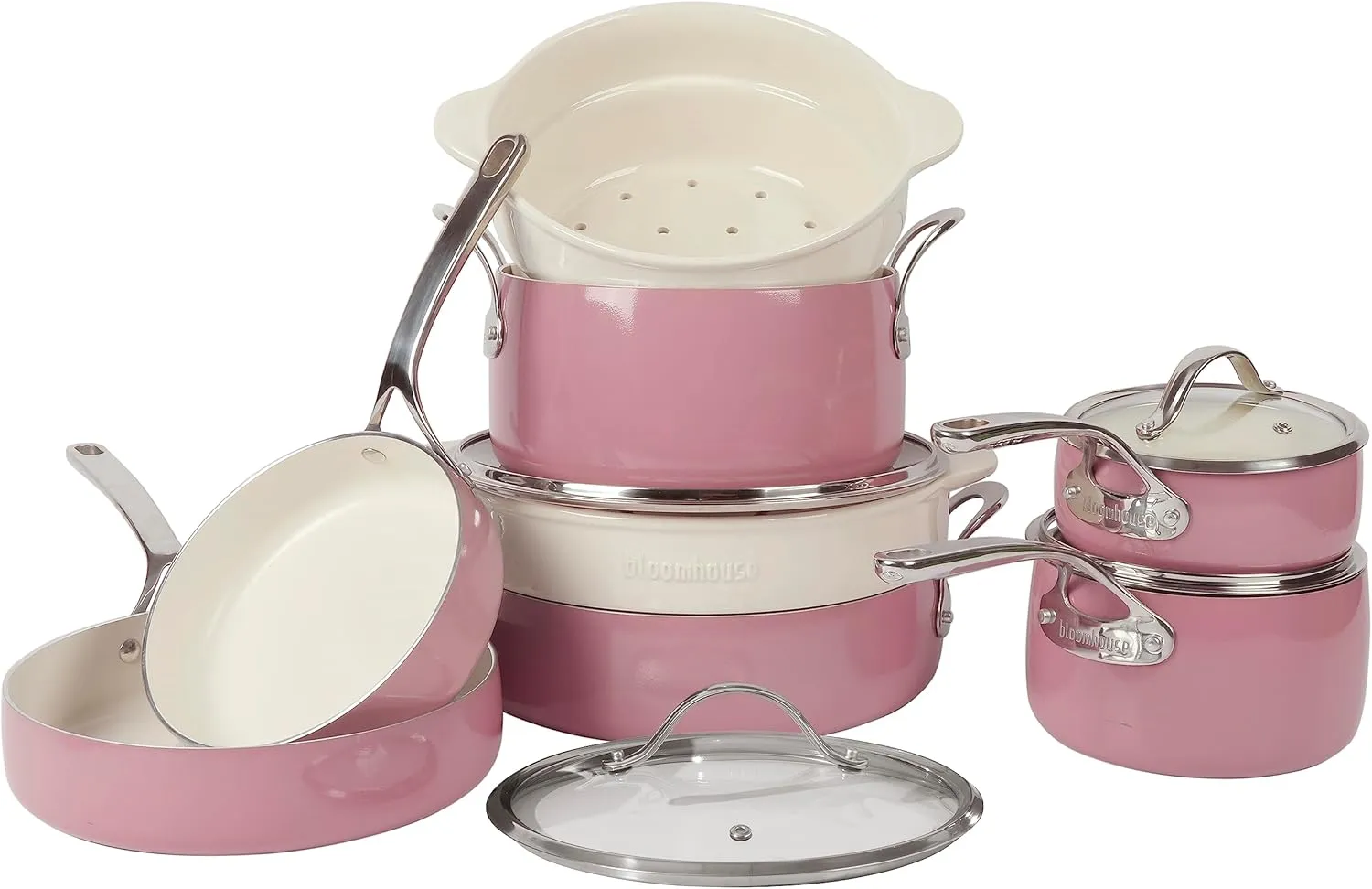 Oprah's Favorite Things - 12 Piece Aluminum Pots and Pans Cookware Set w/Non-toxic Ceramic Non-stick, Ceramic Steamer Insert, & 12 Protective Care Bags - Pink Orchid