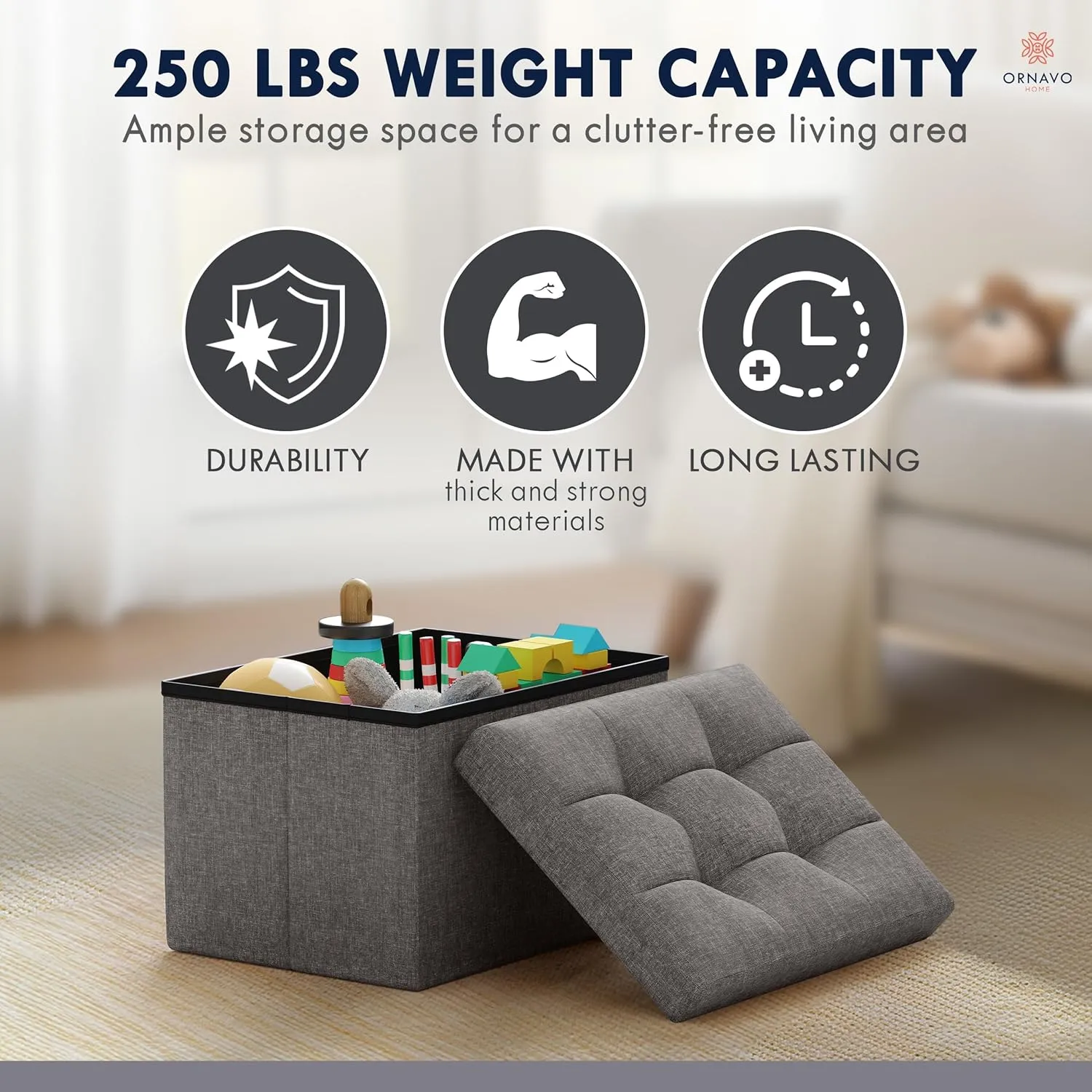 Ornavo Home Small Storage Ottoman Foldable Collapsible Rectangle Linen Ottoman Foot Rest Stool Seat, for Living Room, Bedroom, Home Office, Dorm - 12 x 16 x 12, Dark Gray