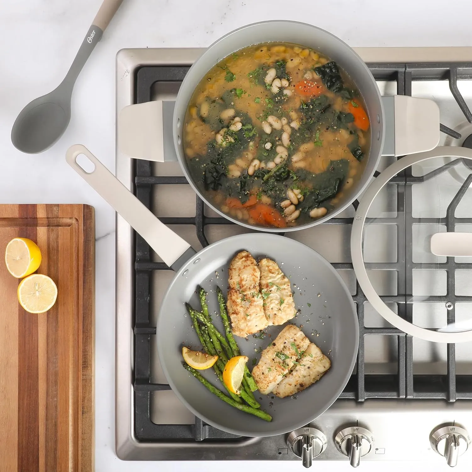 Oster Ambrose 10 Piece Forged Aluminum Premium PFA Free Ceramic Nonstick Pots and Pans Cookware Set W/Induction &Stay Cool Handles - Grey/Taupe