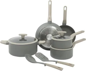 Oster Ambrose 10 Piece Forged Aluminum Premium PFA Free Ceramic Nonstick Pots and Pans Cookware Set W/Induction &Stay Cool Handles - Grey/Taupe