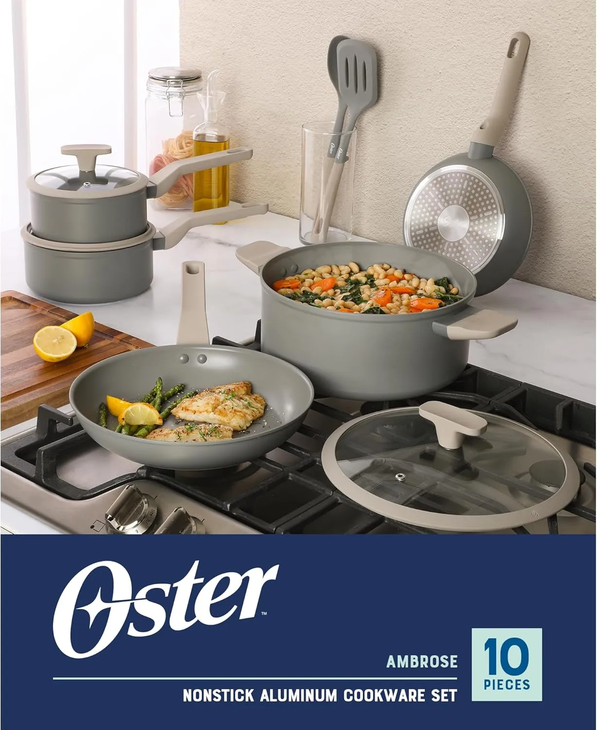 Oster Ambrose 10 Piece Forged Aluminum Premium PFA Free Ceramic Nonstick Pots and Pans Cookware Set W/Induction &Stay Cool Handles - Grey/Taupe