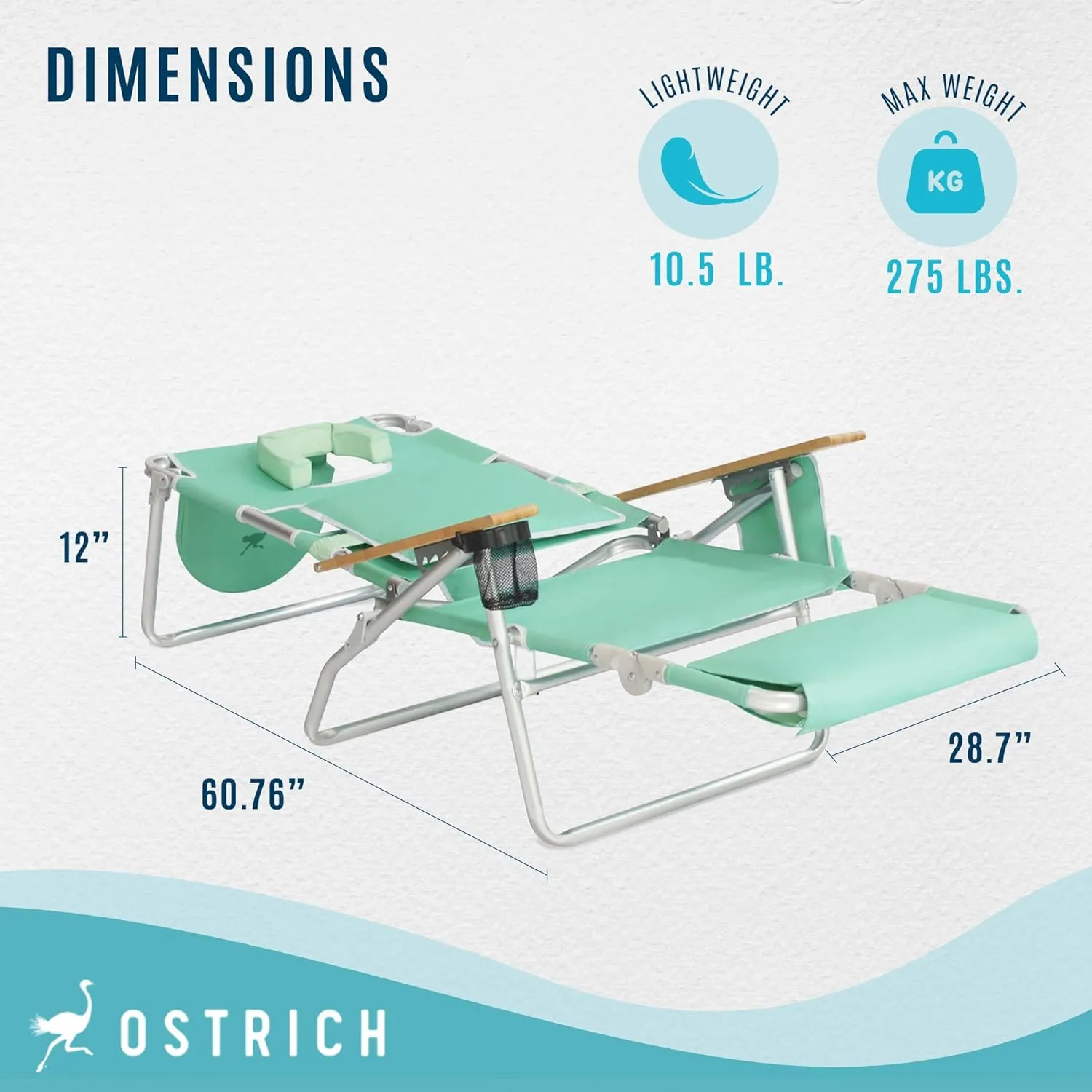 Ostrich Deluxe Padded 3-N-1 Lightweight Portable Adjustable Outdoor Folding Chair for Lawn Beach Lake Camping Lounge with Footrest, Teal (2 Pack)