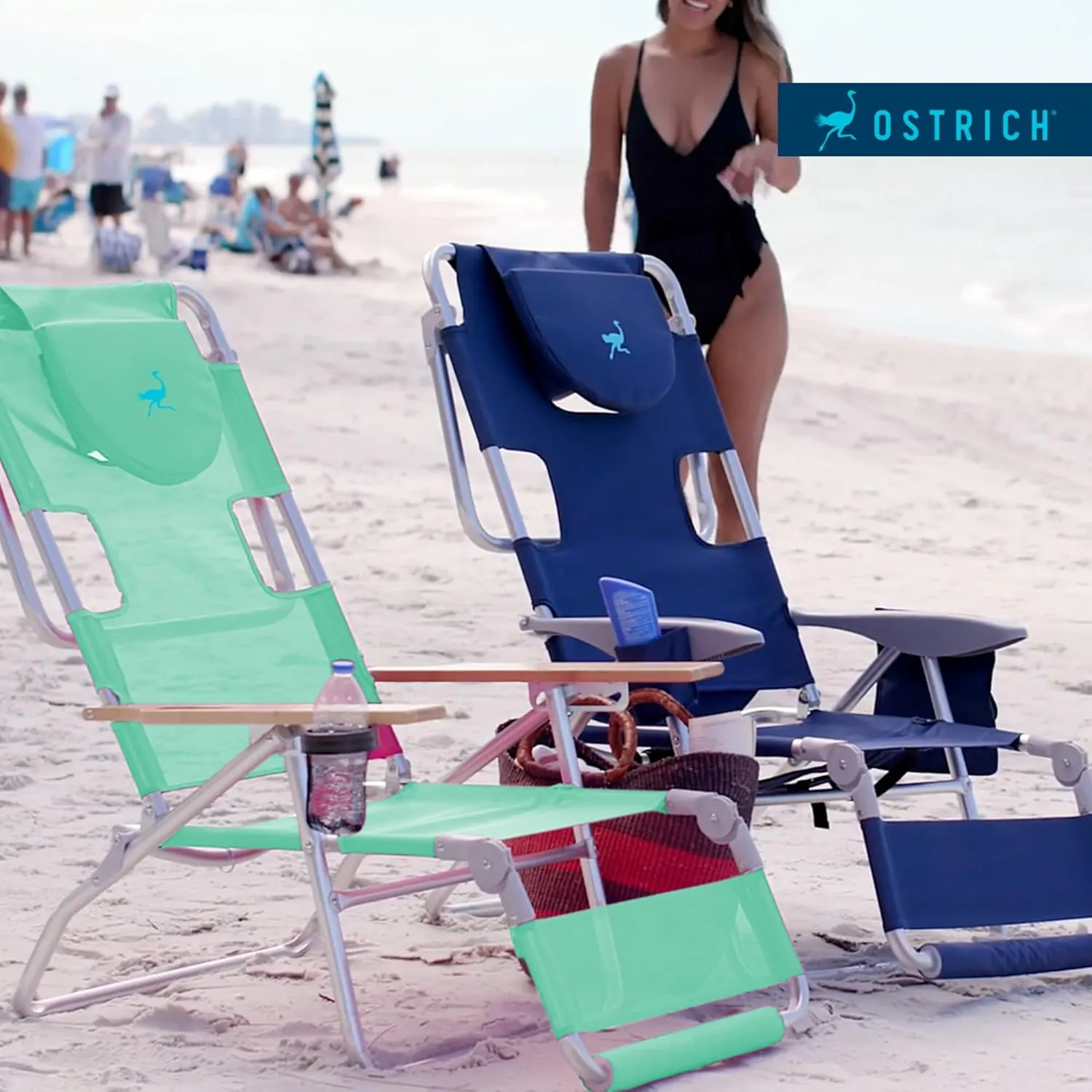 Ostrich Deluxe Padded 3-N-1 Lightweight Portable Adjustable Outdoor Folding Chair for Lawn Beach Lake Camping Lounge with Footrest, Teal (2 Pack)