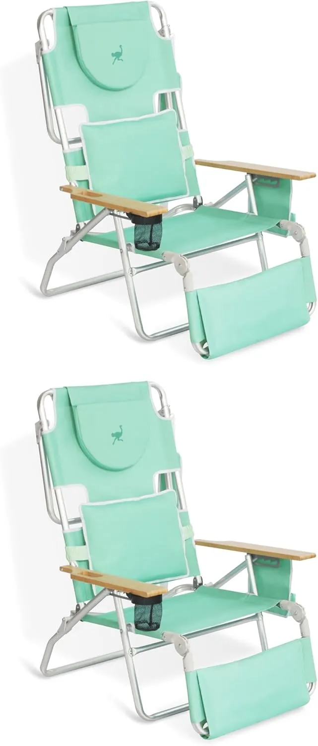 Ostrich Deluxe Padded 3-N-1 Lightweight Portable Adjustable Outdoor Folding Chair for Lawn Beach Lake Camping Lounge with Footrest, Teal (2 Pack)