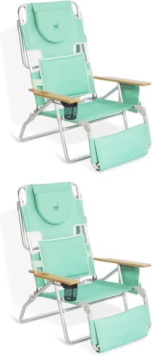Ostrich Deluxe Padded 3-N-1 Lightweight Portable Adjustable Outdoor Folding Chair for Lawn Beach Lake Camping Lounge with Footrest, Teal (2 Pack)