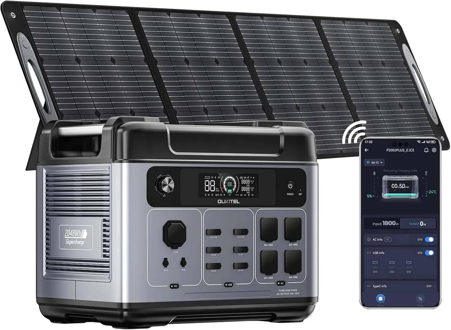 OUKITEL P2001 PLUS 2400W Power Station with 400W Solar Panel, 2048Wh Solar Generator(Peak 5000W) 1.5Hrs Fast Charging APP Control Emergency LiFePO4 Battery for Home Backup Camping RVs