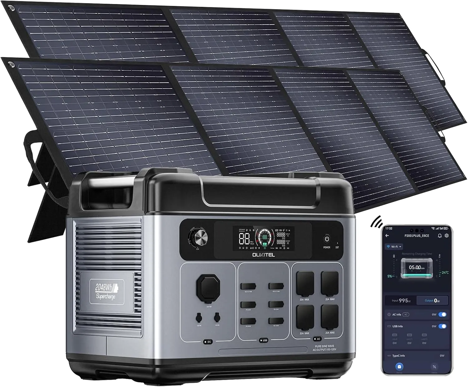 OUKITEL P2001 Plus 2400W Solar Generator with 2x200W Solar Panels, 2048Wh Solar power station with 4 AC Outlets (5000W Peak), 1.5H Full Charging, APP Control Battery Backup for Home, Camping & RVs
