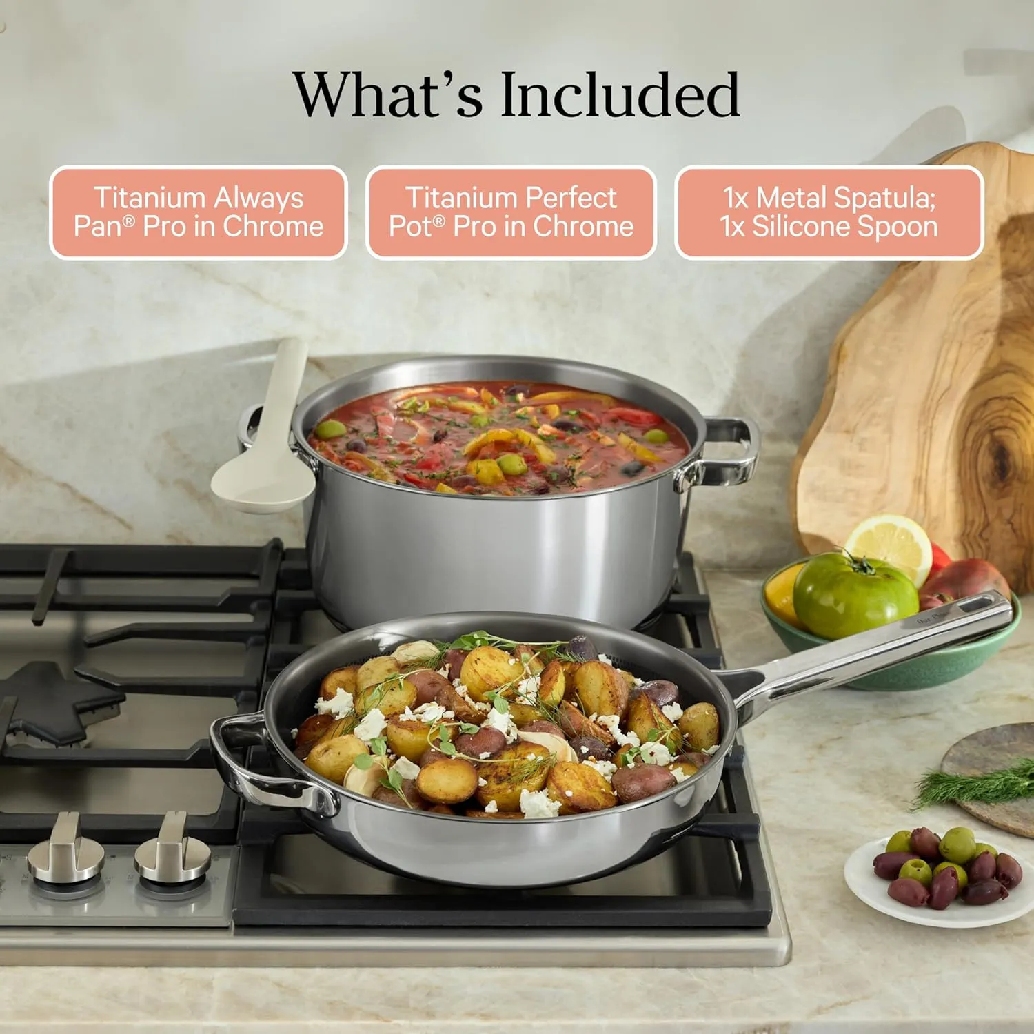 Our Place Titanium Pro Cookware Duo – Always Pan & Perfect Pot with Nonstick No-Coating Technology | Tri-Ply Titanium & Stainless Steel | Safe for Oven, Induction & All Cooktops up to 1000°F | Chrome