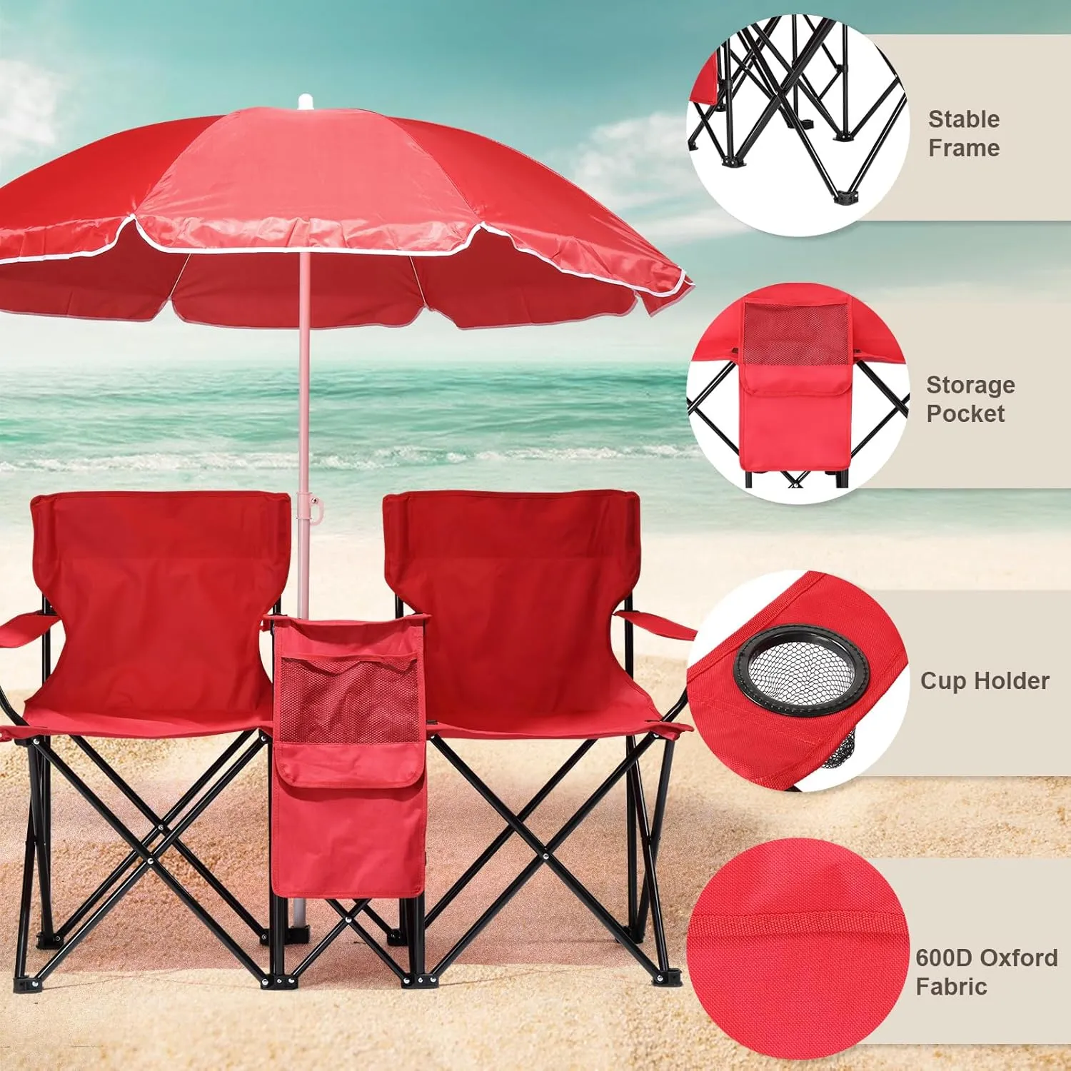 Outdoor Beach Portable Lawn Chair,2-Seat Lightweight Folding Chair for Adults,Folding Beach Chair,Portable Foldable Camping Chair,with Removable Sun Umbrella,for Patio Pool Yard Garden (Red)