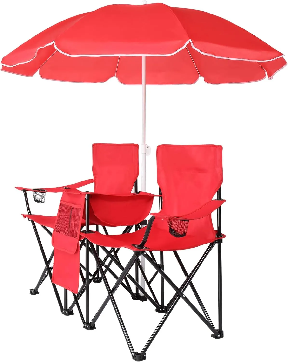 Outdoor Beach Portable Lawn Chair,2-Seat Lightweight Folding Chair for Adults,Folding Beach Chair,Portable Foldable Camping Chair,with Removable Sun Umbrella,for Patio Pool Yard Garden (Red)