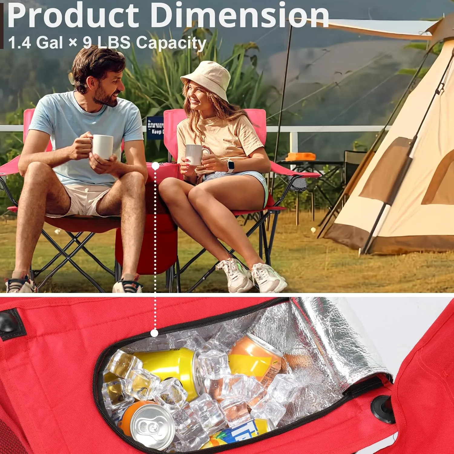 Outdoor Beach Portable Lawn Chair,2-Seat Lightweight Folding Chair for Adults,Folding Beach Chair,Portable Foldable Camping Chair,with Removable Sun Umbrella,for Patio Pool Yard Garden (Red)