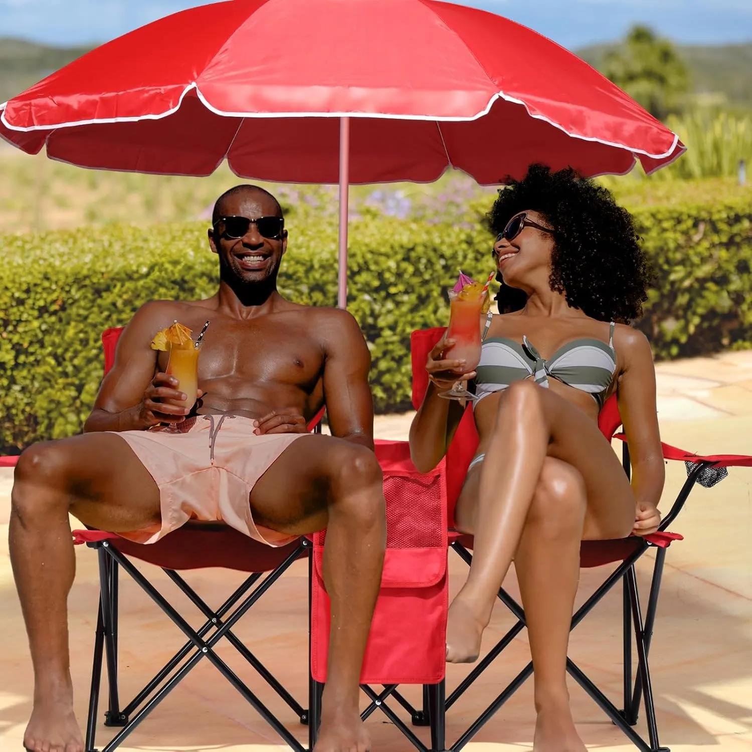 Outdoor Beach Portable Lawn Chair,2-Seat Lightweight Folding Chair for Adults,Folding Beach Chair,Portable Foldable Camping Chair,with Removable Sun Umbrella,for Patio Pool Yard Garden (Red)