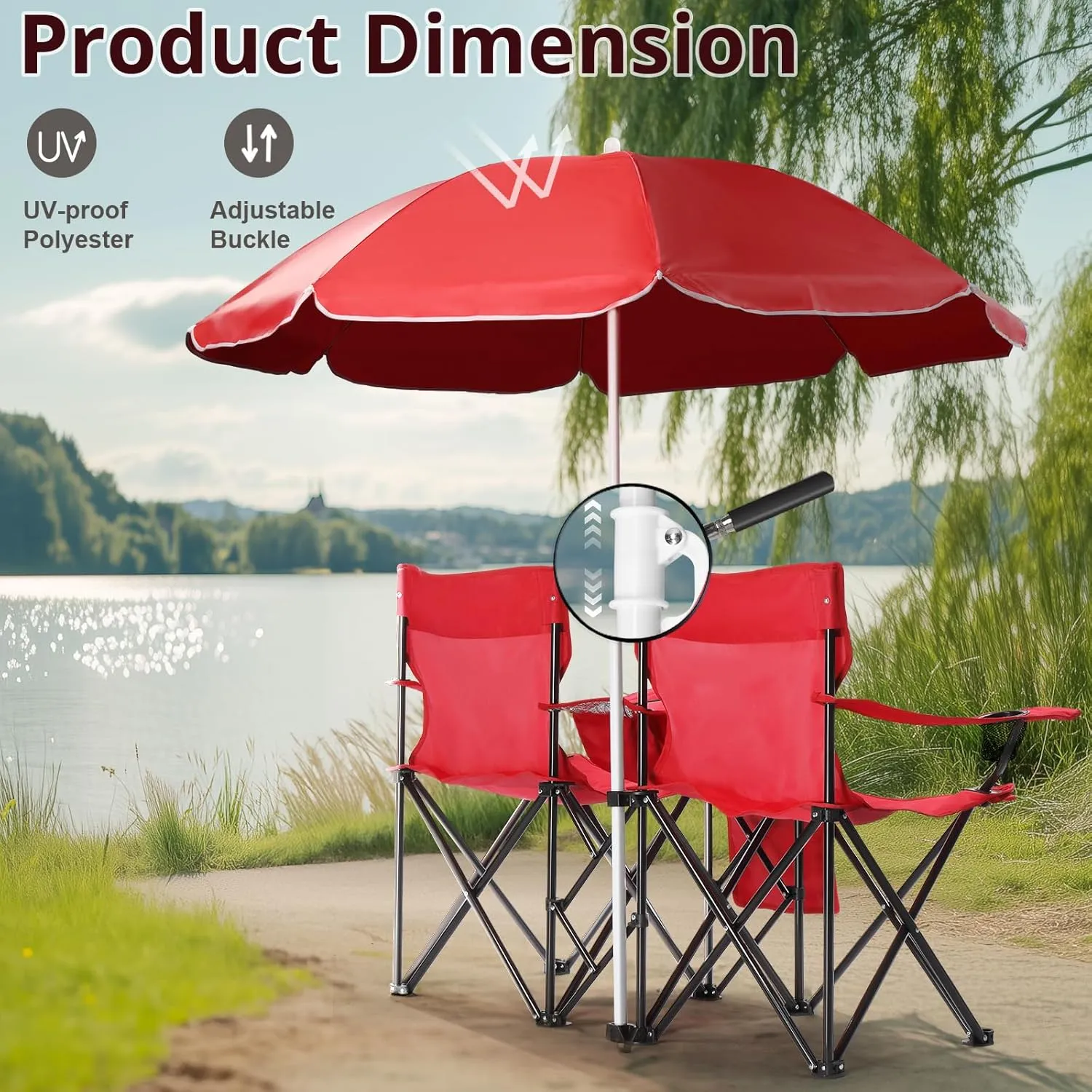 Outdoor Beach Portable Lawn Chair,2-Seat Lightweight Folding Chair for Adults,Folding Beach Chair,Portable Foldable Camping Chair,with Removable Sun Umbrella,for Patio Pool Yard Garden (Red)