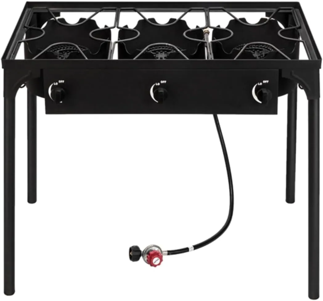 Outdoor Camp Stove High Pressure Propane Gas Cooker - Portable Cast Iron Patio Cooking Burner Three Burner outputs a whopping BTU of 225000