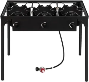 Outdoor Camp Stove High Pressure Propane Gas Cooker - Portable Cast Iron Patio Cooking Burner Three Burner outputs a whopping BTU of 225000