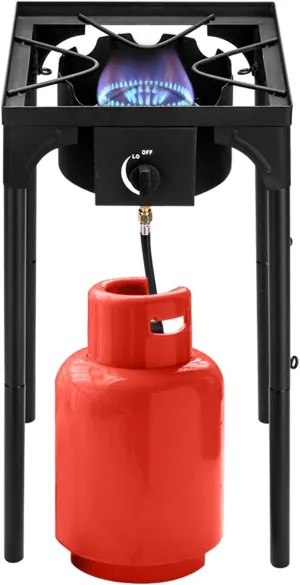Outdoor Camp Stove High Pressure Propane Gas Cooker Portable Cast Iron Patio Cooking Burner with Removable Legs, Adjustable Heat Dial for Backyard BBQ, Baking and Stir Frying(Single Burner 75000-BTU)