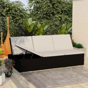 Outdoor Lounge Chair, Chaise Lounge for Patio & Lawn, Outdoor Patio Furniture,Pool Lounge Chairs,for Camping, Lakeside, Convertible Sun Bed with Cushion Poly Rattan Black