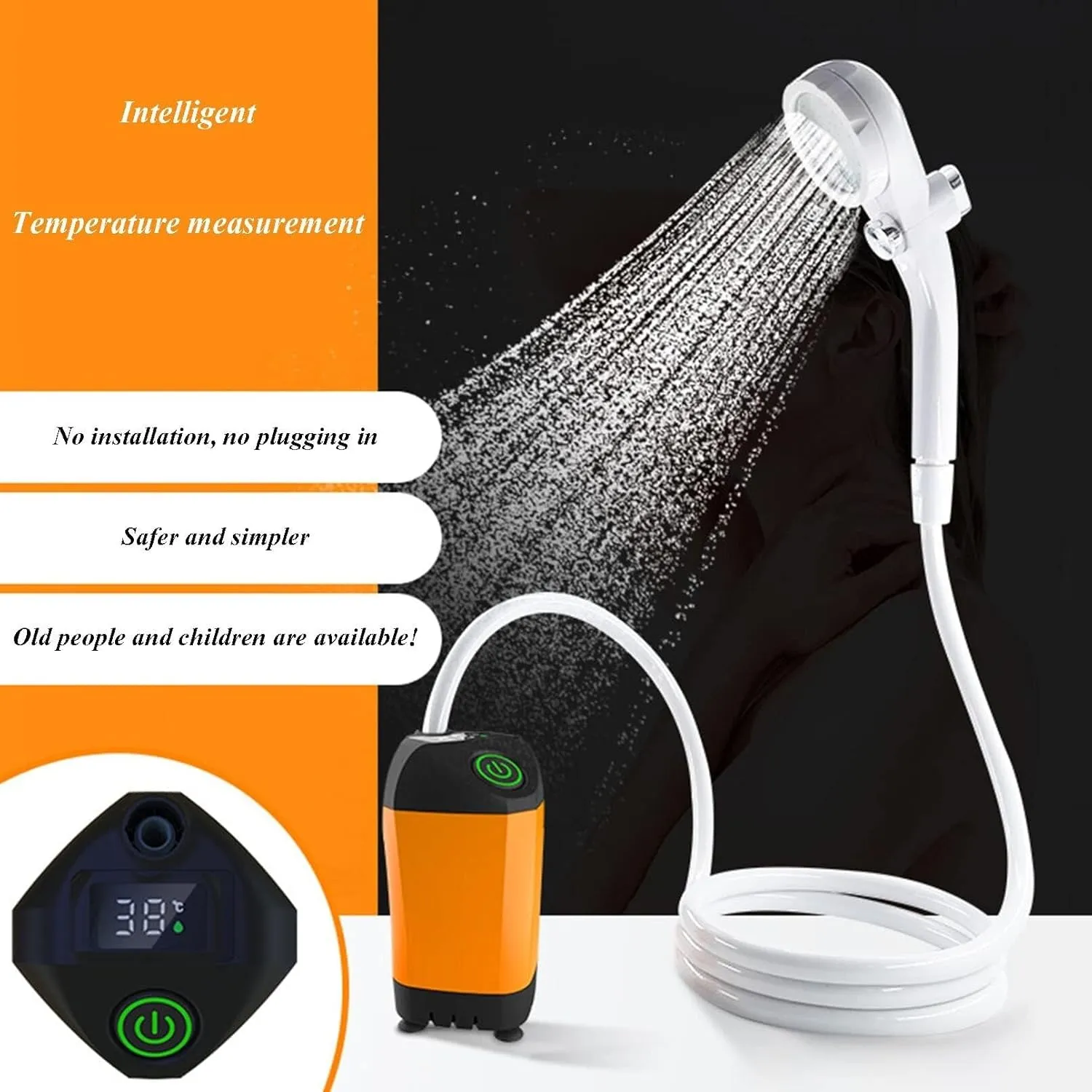 Outdoor Portable Shower Head | Electric Handheld Shower Combo with Digital Display, USB Charging, 78 Inch Hose | Adjustable Spray Modes for Camping and Travel(Orange)
